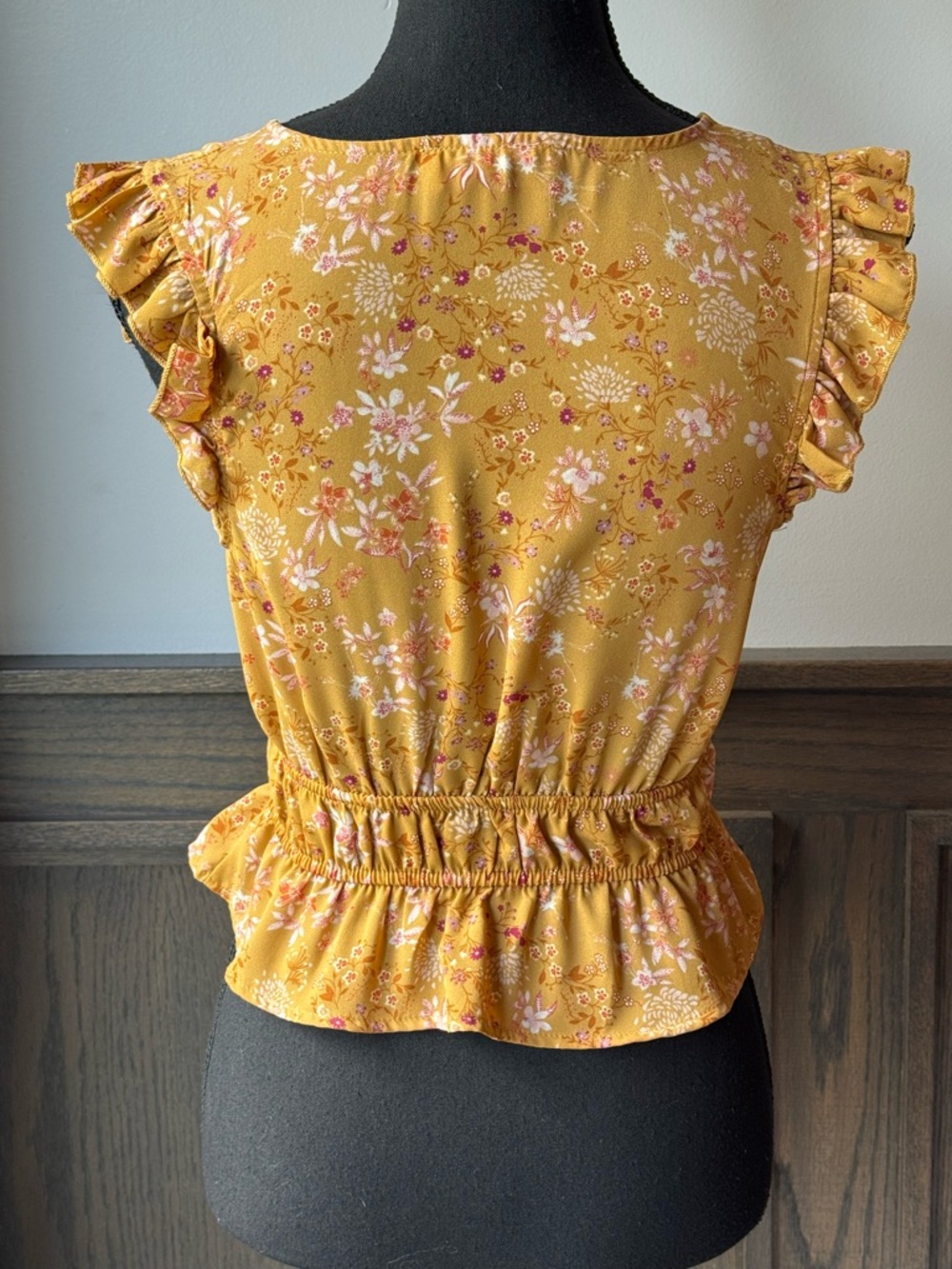 Pink Rose Mustard Floral Wrap Peplum Top small Euc - Picture 3 of 6